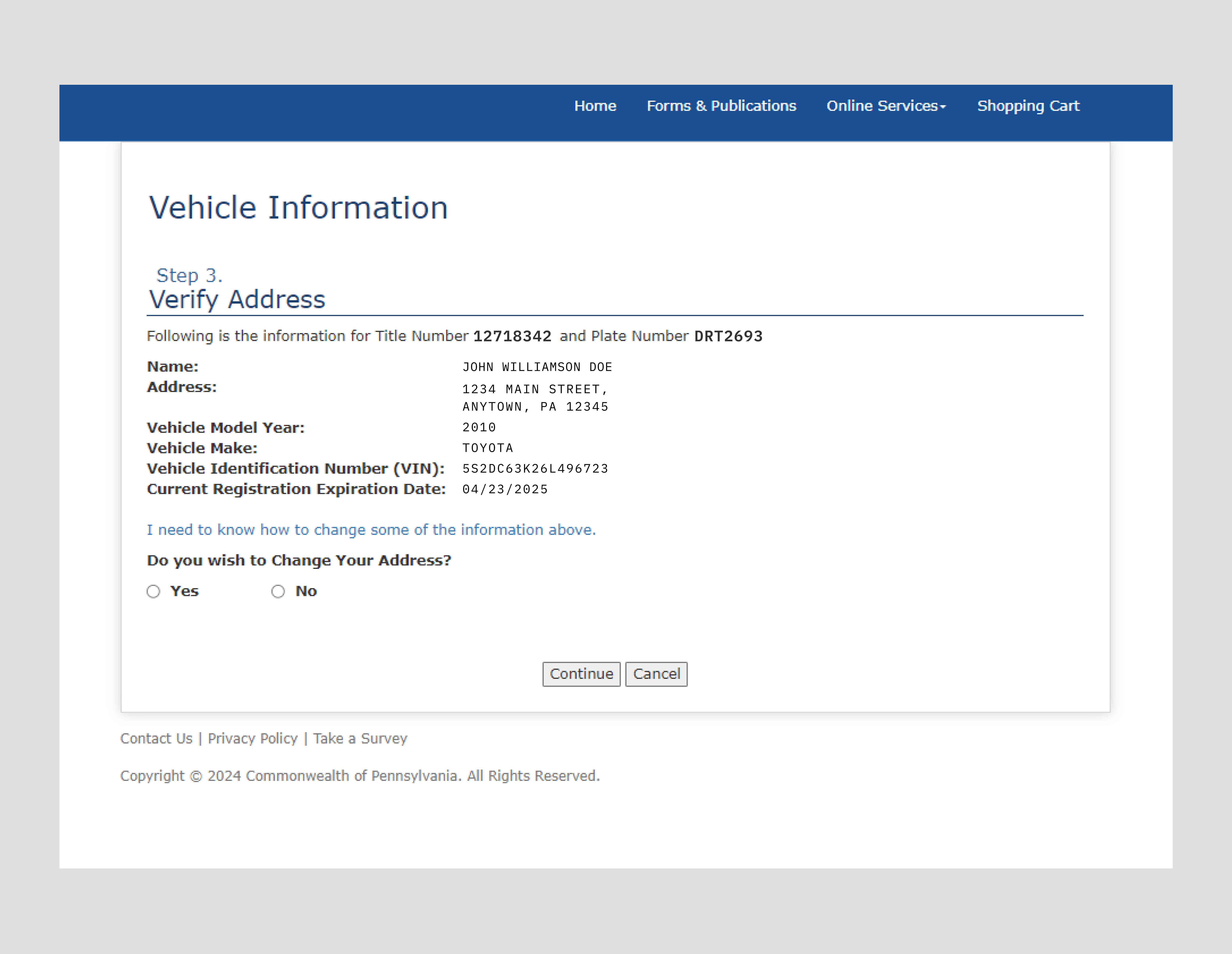 Old PennDOT Vehicle information page